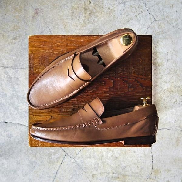 極上★(伊)サントーニ SIZE 4.5(UK5.5程度)【★コインローファー】カーフ/薄茶/メンズ/Santoni★e313