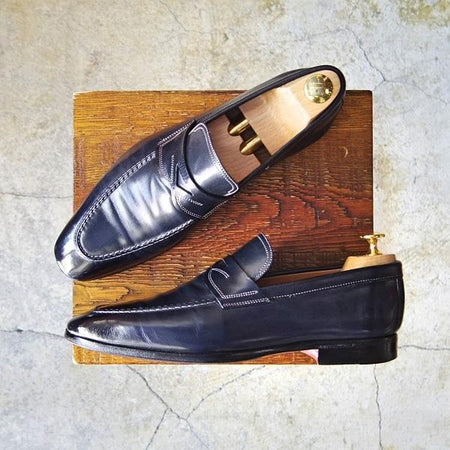 極上★(伊)サントーニ SIZE 6【★コインローファー】スリッポン/カーフ/紺/メンズ/Santoni★e375