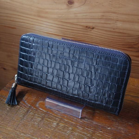 ほぼ未使用★フェリージ/Felisi【★ジップ長財布/913/クロコ型押し】ロングウォレット/レザー/紺/ネイビー/メンズ レディース兼★e399