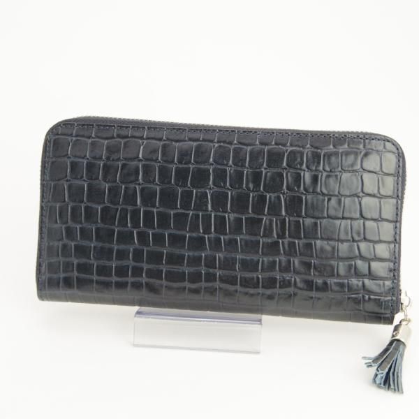 ほぼ未使用★フェリージ/Felisi【★ジップ長財布/913/クロコ型押し】ロングウォレット/レザー/紺/ネイビー/メンズ レディース兼★e399