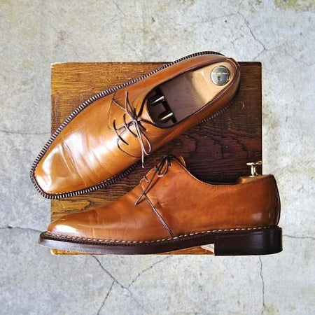 極上★(仏)オーベルシー SIZE 6.5【定価18万円以上★ノルベジェーゼ製法/プレーントゥ】カーフ/茶/メンズ/AUBERCY★e498