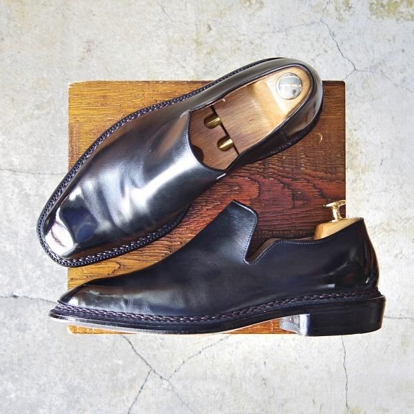 美品★関 信義 UK8.5程度【オーダー品★ノルベジェーゼ製法/スキンステッチ仕様】スリッポン/ローファー/カーフ/黒/メンズ★e500