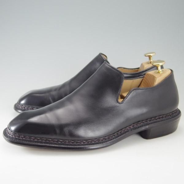 美品★関 信義 UK8.5程度【オーダー品★ノルベジェーゼ製法/スキンステッチ仕様】スリッポン/ローファー/カーフ/黒/メンズ★e500