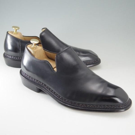 美品★関 信義 UK8.5程度【オーダー品★ノルベジェーゼ製法/スキンステッチ仕様】スリッポン/ローファー/カーフ/黒/メンズ★e500