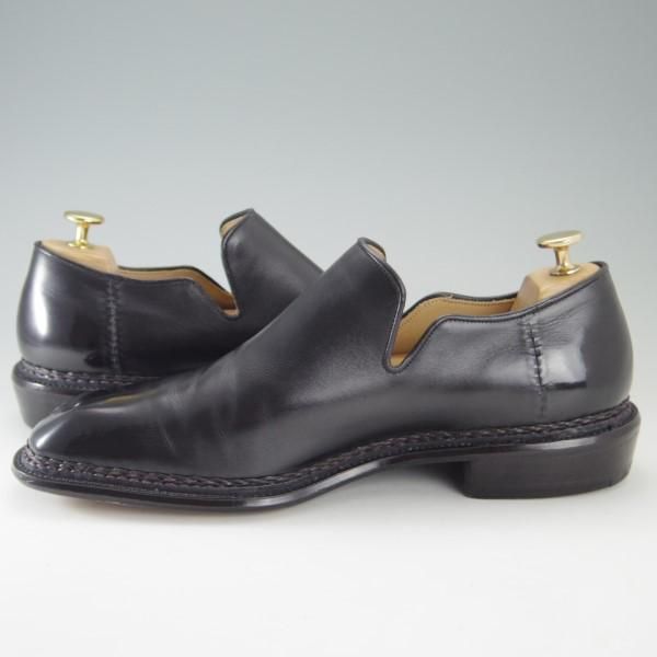 美品★関 信義 UK8.5程度【オーダー品★ノルベジェーゼ製法/スキンステッチ仕様】スリッポン/ローファー/カーフ/黒/メンズ★e500