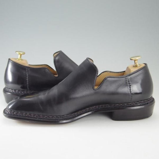 美品★関 信義 UK8.5程度【オーダー品★ノルベジェーゼ製法/スキンステッチ仕様】スリッポン/ローファー/カーフ/黒/メンズ★e500