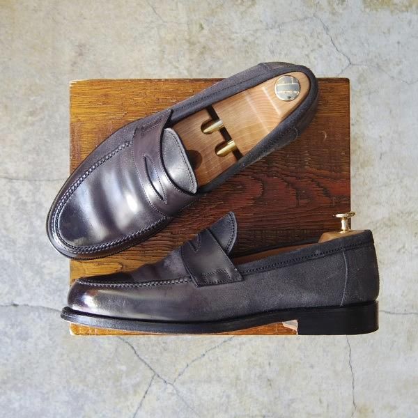 極上★(伊)F.LLIジャコメッティ SIZE 41.5【定価￥121,000-★つま先コードバン仕様/コインローファー】FG257/黒〜灰/Giacometti★e554