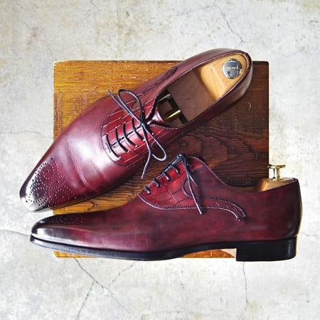 美品★(スペイン製)マグナーニ SIZE 43【★ボロネーゼ製法/オックスフォードシューズ】型押しレザー×カーフ/赤茶/MAGNANNI★e582