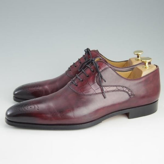 美品★(スペイン製)マグナーニ SIZE 43【★ボロネーゼ製法/オックスフォードシューズ】型押しレザー×カーフ/赤茶/MAGNANNI★e582