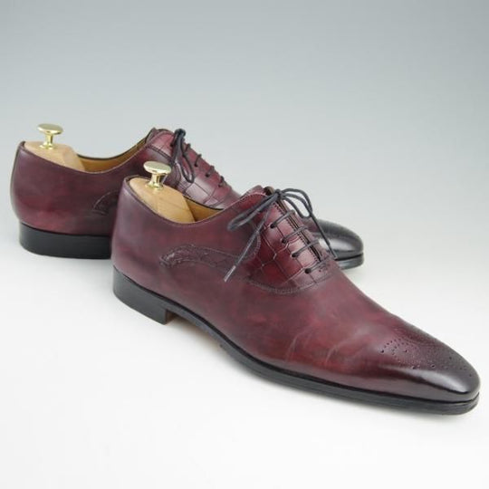 美品★(スペイン製)マグナーニ SIZE 43【★ボロネーゼ製法/オックスフォードシューズ】型押しレザー×カーフ/赤茶/MAGNANNI★e582