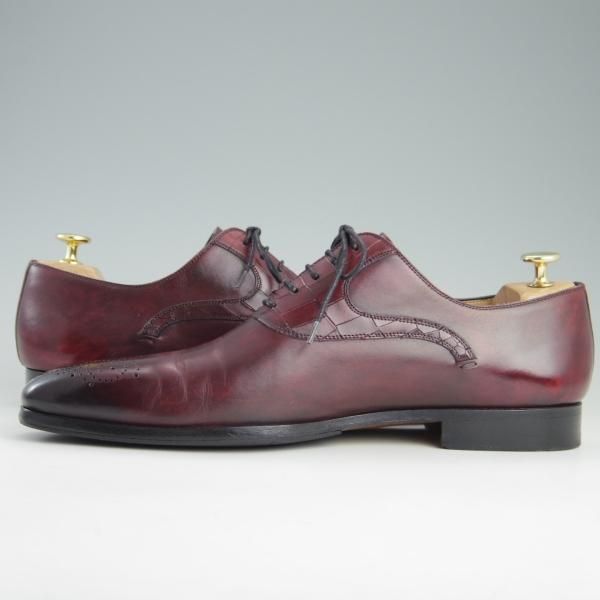美品★(スペイン製)マグナーニ SIZE 43【★ボロネーゼ製法/オックスフォードシューズ】型押しレザー×カーフ/赤茶/MAGNANNI★e582