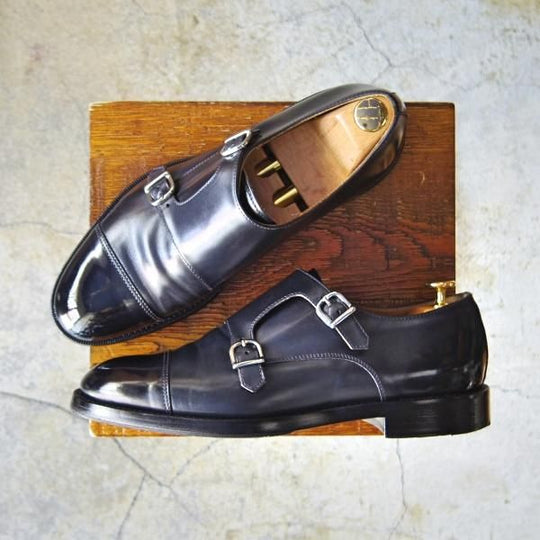 極美品★(伊)Doucal's/デュカルス SIZE 40.5【定価5万円程度★ブラックラピド製法/65021】ダブルモンク/ポリッシュレザー/黒★e660