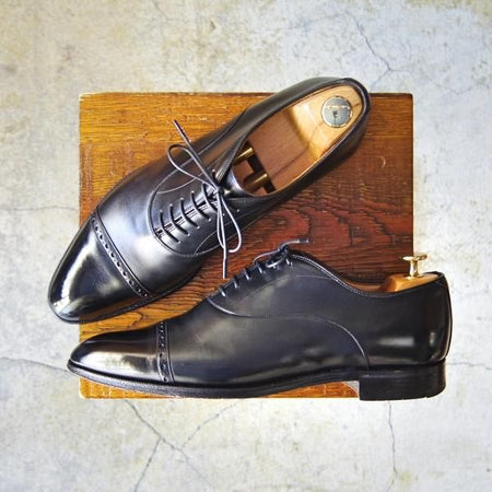 極上★チャーチ 65F/UK6.5【貴重★半カラス仕上げ/パンチドキャップトゥ】116ラスト/4都市ロゴ/カーフ/黒/メンズ/Church's★e724