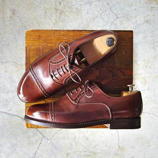 美品★(伊)Lendvay&Schwarcz/フランチェスケッティ社製 SIZE 40.5【ブラックラピド製法★クォーターブローグ】カーフ/茶/メンズ★e760