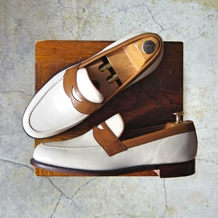 極美品★(英)チーニー 7.5F【モデル定価￥74,800-★HUDSON/ハドソン/コインローファー】5203ラスト/カーフ/白×茶/メンズ/CHEANEY★e802