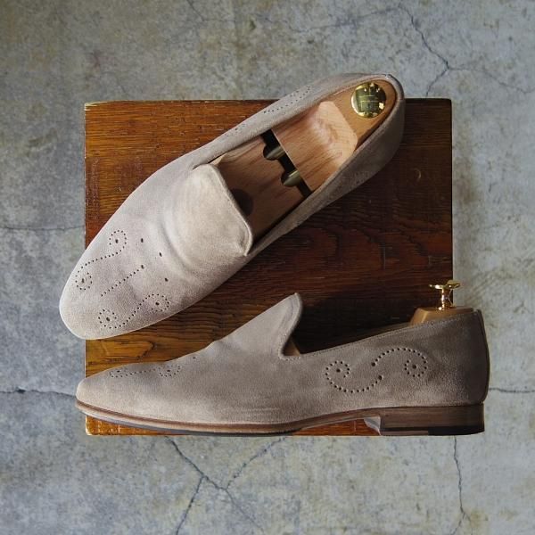 美品★(伊)DI MELLA/ディメッラ SIZE 7【定価￥47,520-★スリッポン/2052】ローファー/スエード/薄茶/メンズ★f173