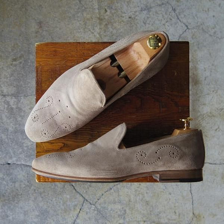 美品★(伊)DI MELLA/ディメッラ SIZE 7【定価￥47,520-★スリッポン/2052】ローファー/スエード/薄茶/メンズ★f173