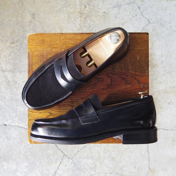 美品★パラブーツ SIZE 5.5【定価￥77,000-★コンビ仕様/DAX】ギャラクシーソール/コインローファー/カーフ×スエード/黒/Paraboot★f186