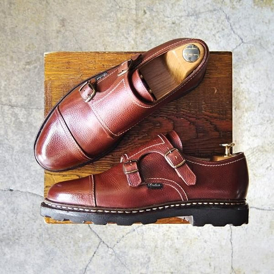 美品★パラブーツ SIZE 6【貴重★旧ロゴ/WILLIAM/ウィリアム】マルシェソール/ダブルモンク/グレインレザー/茶/Paraboot★f274