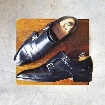 極上★(伊)エンツォ・ボナフェ SIZE 5.5【★ダブルモンク/Lavorate a mano】カーフ/黒/メンズ/Enzo Bonafe★f442