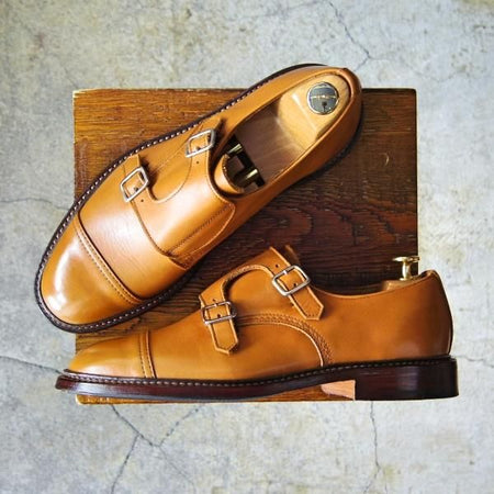 極美品★トリッカーズ SIZE 7.5【定価￥81,000-★ダブルモンク/Rufus】7824/カーフ/薄茶/メンズ/Tricker's★f656