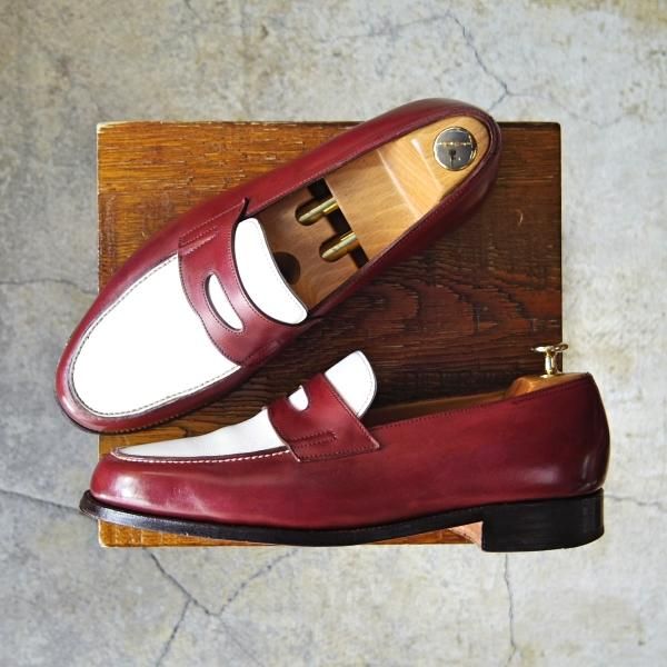 極上★ジョンロブ 7.5E【モデル定価￥217,800-★ロペス/LOPEZ】4395ラスト/コインローファー/カーフ/赤茶×白/メンズ/JOHN LOBB★f695