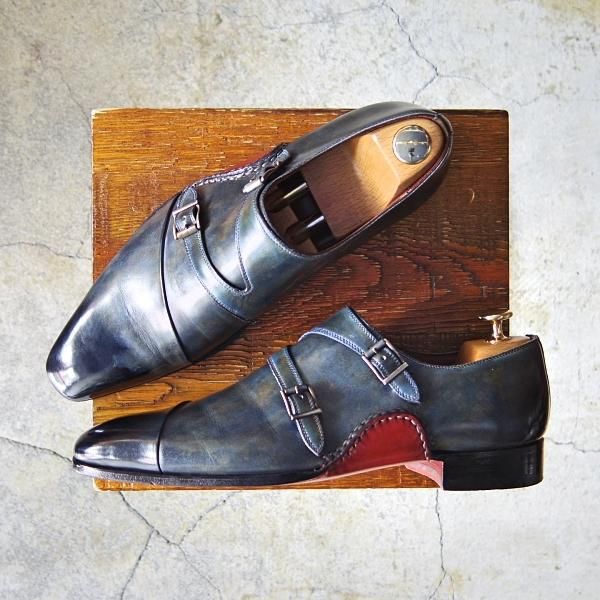 極上★(スペイン製)マグナーニ SIZE 39【現行定価7万円程度★オパンケ/ボロネーゼ製法】19567/ダブルモンク/カーフ/紺/MAGNANNI★f745