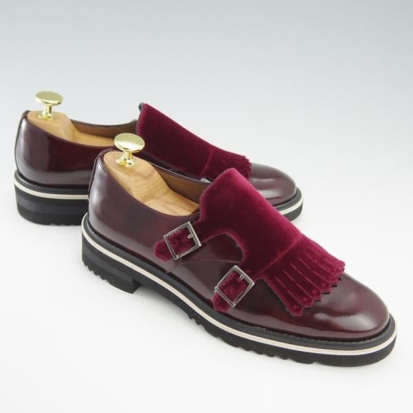 極美品★(スペイン製)Pertini/ペルティニ(レディース) SIZE 35【★ダブルモンク/ベロア×ポリッシュレザー】14081/キルト/赤茶★f756