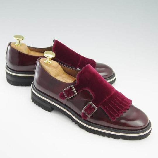 極美品★(スペイン製)Pertini/ペルティニ(レディース) SIZE 35【★ダブルモンク/ベロア×ポリッシュレザー】14081/キルト/赤茶★f756