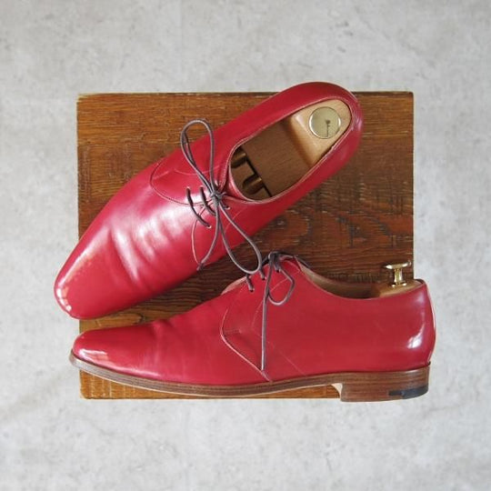 美品★(伊)MADE IN MARCHE/メイドインマルケ SIZE 39【★プレーントゥ/Vフロント】カーフ/赤/メンズ/Silvano Lattanzi★f859