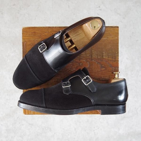 極上★クロケット&ジョーンズ 7.5E【コンビ仕様★LOWNDES 4/ラウンズ】ダブルモンク/スエード×カーフ/黒/メンズ/Crockett&Jones★f861