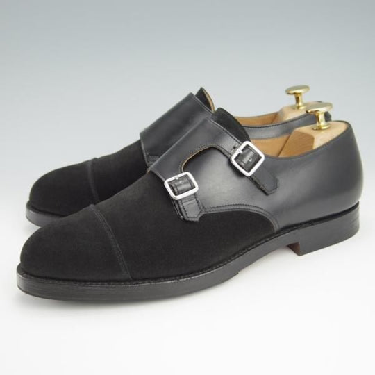 極上★クロケット&ジョーンズ 7.5E【コンビ仕様★LOWNDES 4/ラウンズ】ダブルモンク/スエード×カーフ/黒/メンズ/Crockett&Jones★f861