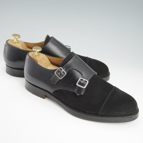 極上★クロケット&ジョーンズ 7.5E【コンビ仕様★LOWNDES 4/ラウンズ】ダブルモンク/スエード×カーフ/黒/メンズ/Crockett&Jones★f861