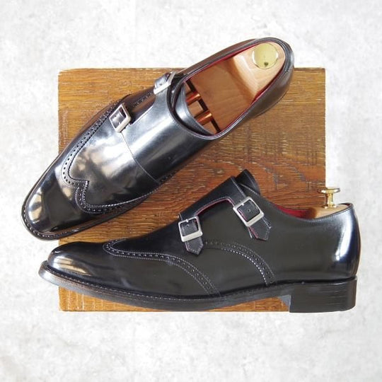 美品★宮城興業/謹製誂靴 UK8程度【コードバン仕様★オーダー品/新喜皮革】ダブルモンク/黒/メンズ/MIYAGI KOGYO★f882