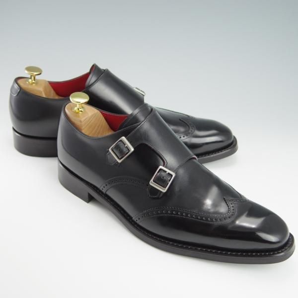 美品★宮城興業/謹製誂靴 UK8程度【コードバン仕様★オーダー品/新喜皮革】ダブルモンク/黒/メンズ/MIYAGI KOGYO★f882