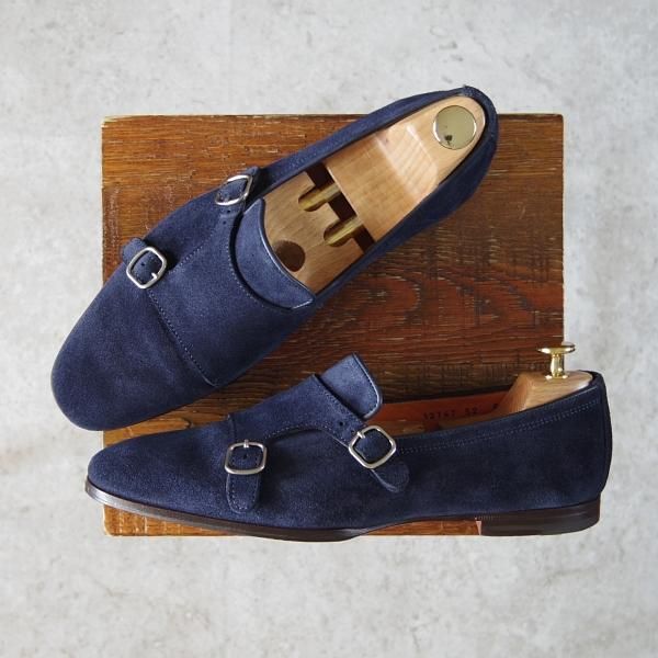 美品★(伊)サントーニ SIZE 6.5【同系モデル定価￥110,000-★ダブルモンクローファー/12747】スリッポン/スエード/紺/Santoni★f918