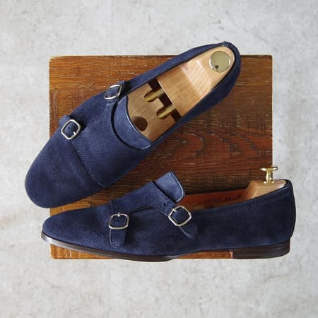 美品★(伊)サントーニ SIZE 6.5【同系モデル定価￥110,000-★ダブルモンクローファー/12747】スリッポン/スエード/紺/Santoni★f918