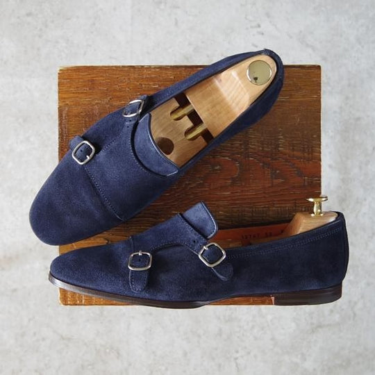 美品★(伊)サントーニ SIZE 6.5【同系モデル定価￥110,000-★ダブルモンクローファー/12747】スリッポン/スエード/紺/Santoni★f918