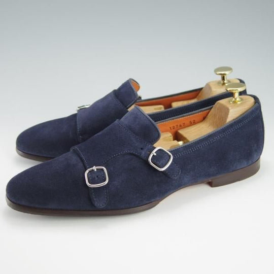 美品★(伊)サントーニ SIZE 6.5【同系モデル定価￥110,000-★ダブルモンクローファー/12747】スリッポン/スエード/紺/Santoni★f918