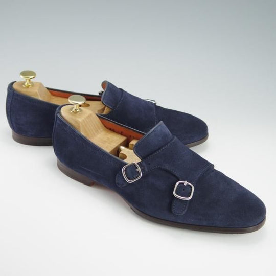 美品★(伊)サントーニ SIZE 6.5【同系モデル定価￥110,000-★ダブルモンクローファー/12747】スリッポン/スエード/紺/Santoni★f918