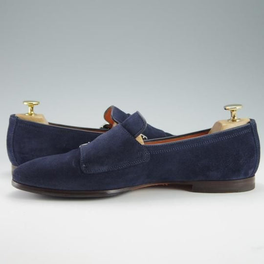 美品★(伊)サントーニ SIZE 6.5【同系モデル定価￥110,000-★ダブルモンクローファー/12747】スリッポン/スエード/紺/Santoni★f918