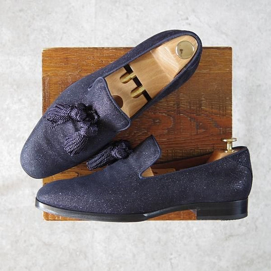 極美品★(英)JIMMY CHOO/ジミーチュウ SIZE 41【定価10万円以上★グリッタースエード仕様/FOXLEY】タッセルローファー/紺/メンズ★f919