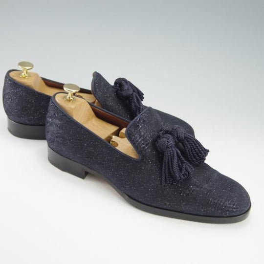 極美品★(英)JIMMY CHOO/ジミーチュウ SIZE 41【定価10万円以上★グリッタースエード仕様/FOXLEY】タッセルローファー/紺/メンズ★f919