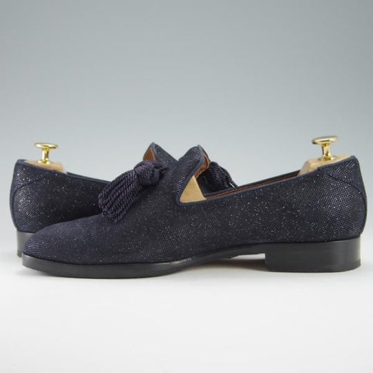 極美品★(英)JIMMY CHOO/ジミーチュウ SIZE 41【定価10万円以上★グリッタースエード仕様/FOXLEY】タッセルローファー/紺/メンズ★f919