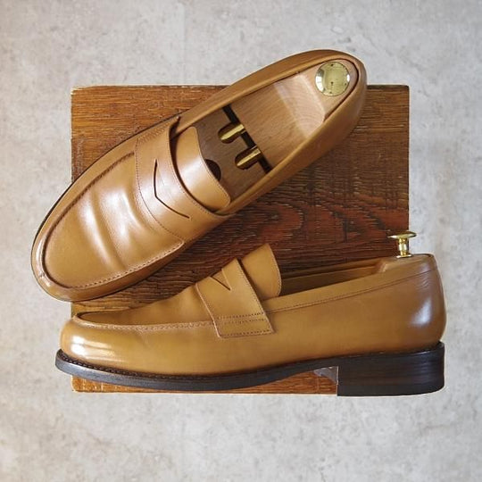 極美品★パラブーツ SIZE 8.5【モデル定価￥77,000-★ADONIS/コインローファー】ギャラクシーソール/カーフ/薄茶/メンズ/Paraboot★g042