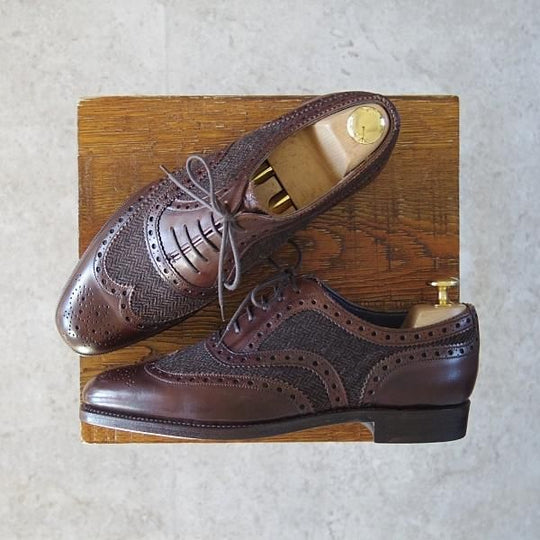 未使用★(英)グレンソン UK5.5程度【最上級★マスターピース/特別オーダー品】ツイード×カーフ/フルブローグ/濃茶/メンズ/GRENSON★g233