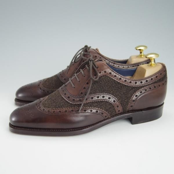 未使用★(英)グレンソン UK5.5程度【最上級★マスターピース/特別オーダー品】ツイード×カーフ/フルブローグ/濃茶/メンズ/GRENSON★g233