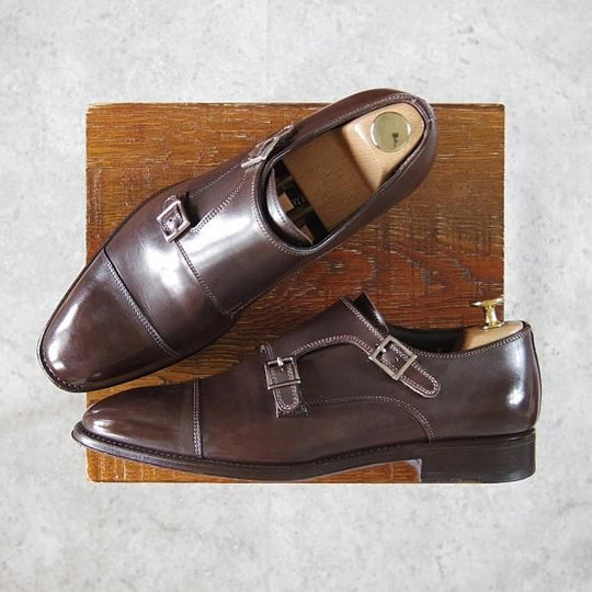 美品★(伊)サントーニ SIZE 5【貴重★ビームスF別注/ブラックラピド製法】ダブルモンク/カーフ/濃茶/ビームス/BEAMS/Santoni★g343