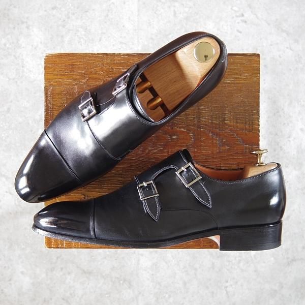 美品★(伊)サントーニ SIZE 7.5【★ダブルモンク/11652】カーフ/黒/メンズ/Santoni★g344
