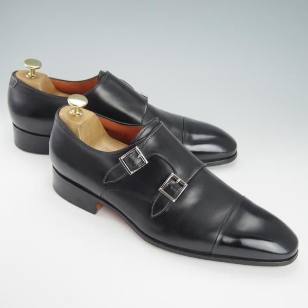 美品★(伊)サントーニ SIZE 7.5【★ダブルモンク/11652】カーフ/黒/メンズ/Santoni★g344